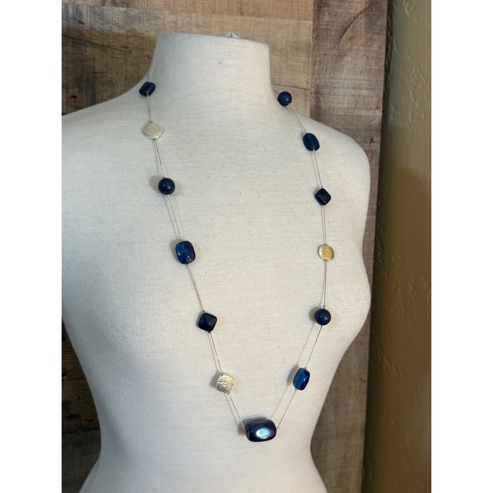 Navy Blue Geometric Station Necklace Hammered Silver Tone Long Chain